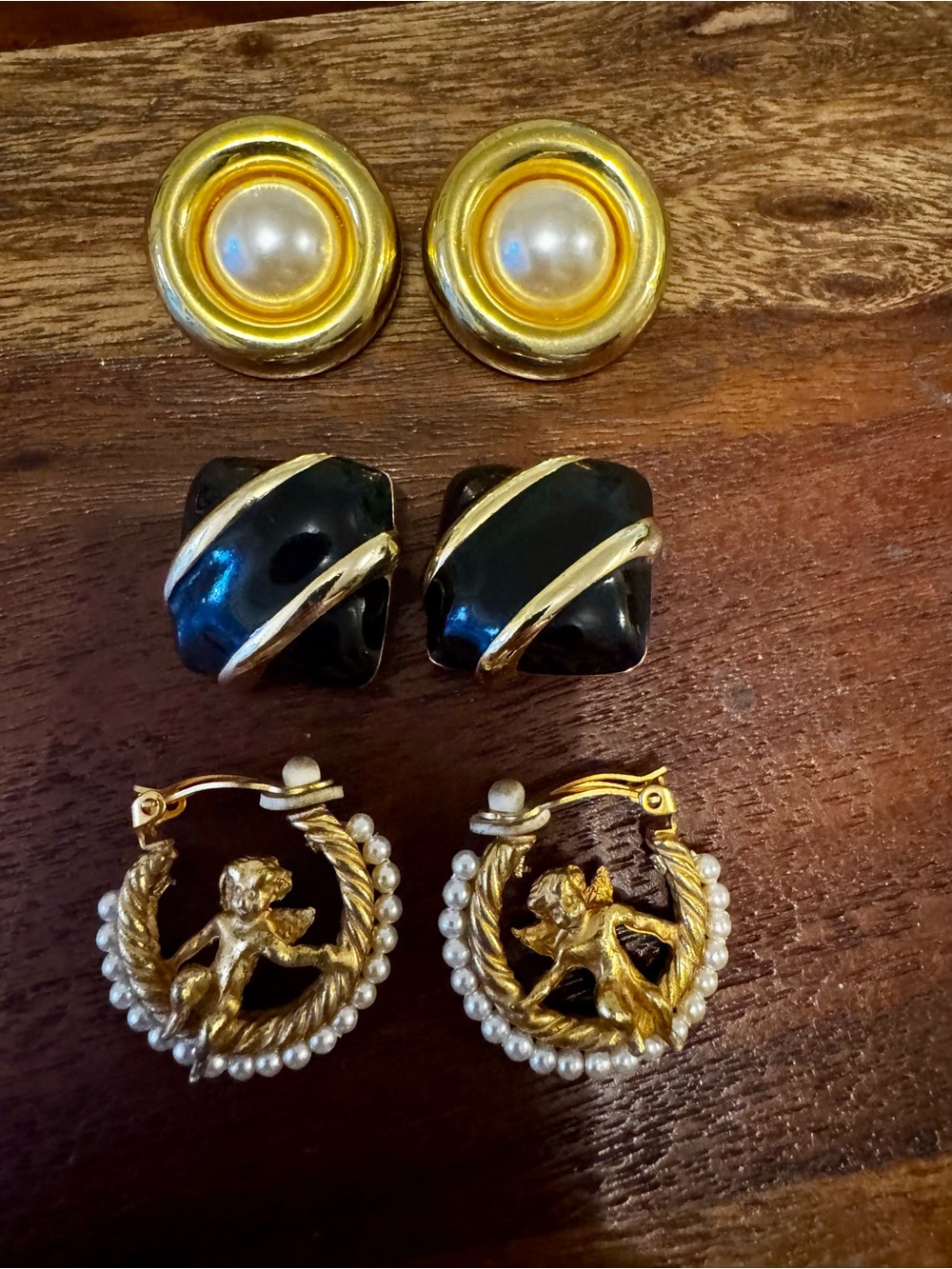 3 Pair Vintage 1980-1990s Clip On Earrings Gold Tone Faux Pearl Enamel